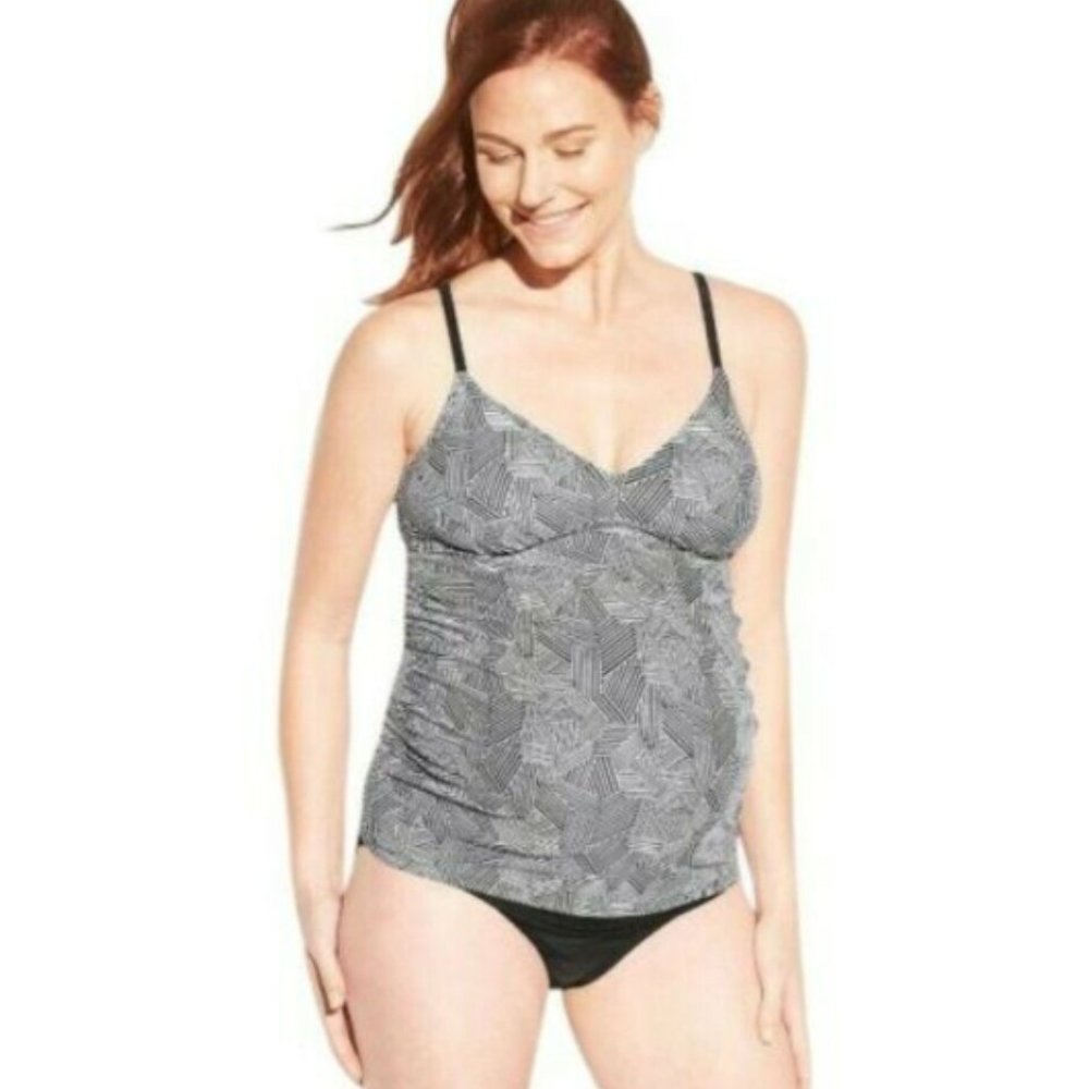 NWT S Black / White Ingrid and Isabel Maternity Tankini Top Criss Cross Patern